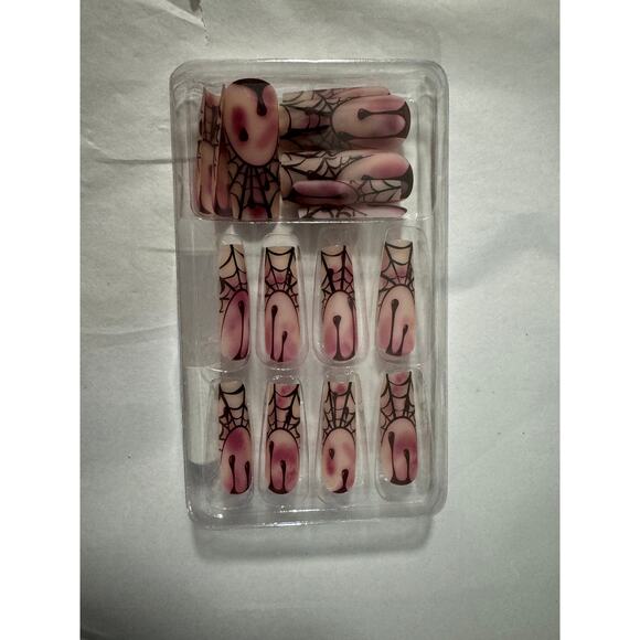 NIB 24 PCS Halloween Press On Nails Spiderweb Long Gothic Blood - Picture 2 of 3